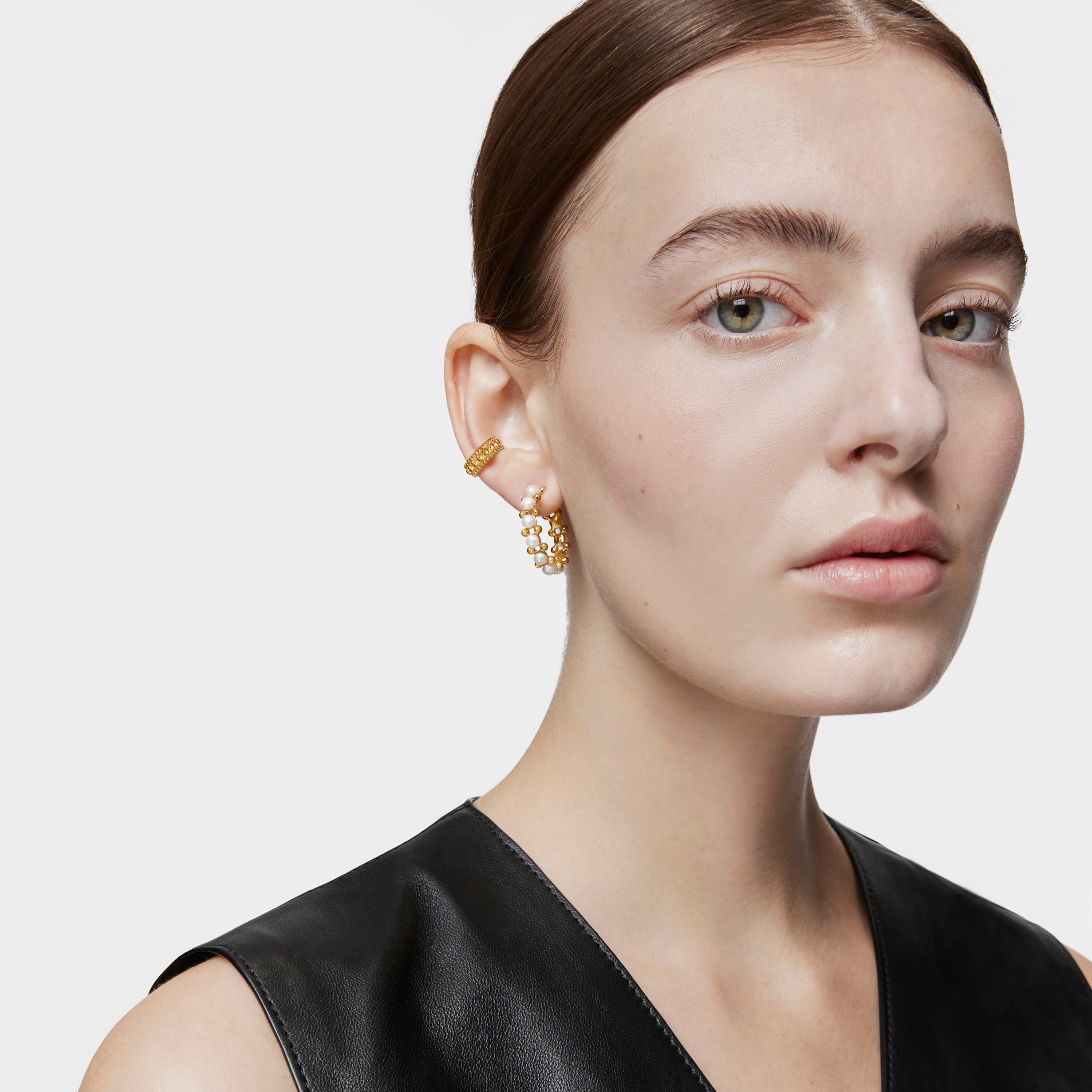 Triple Hoop earrings with 18kt gold plating over silver and cultured pearls Gloss