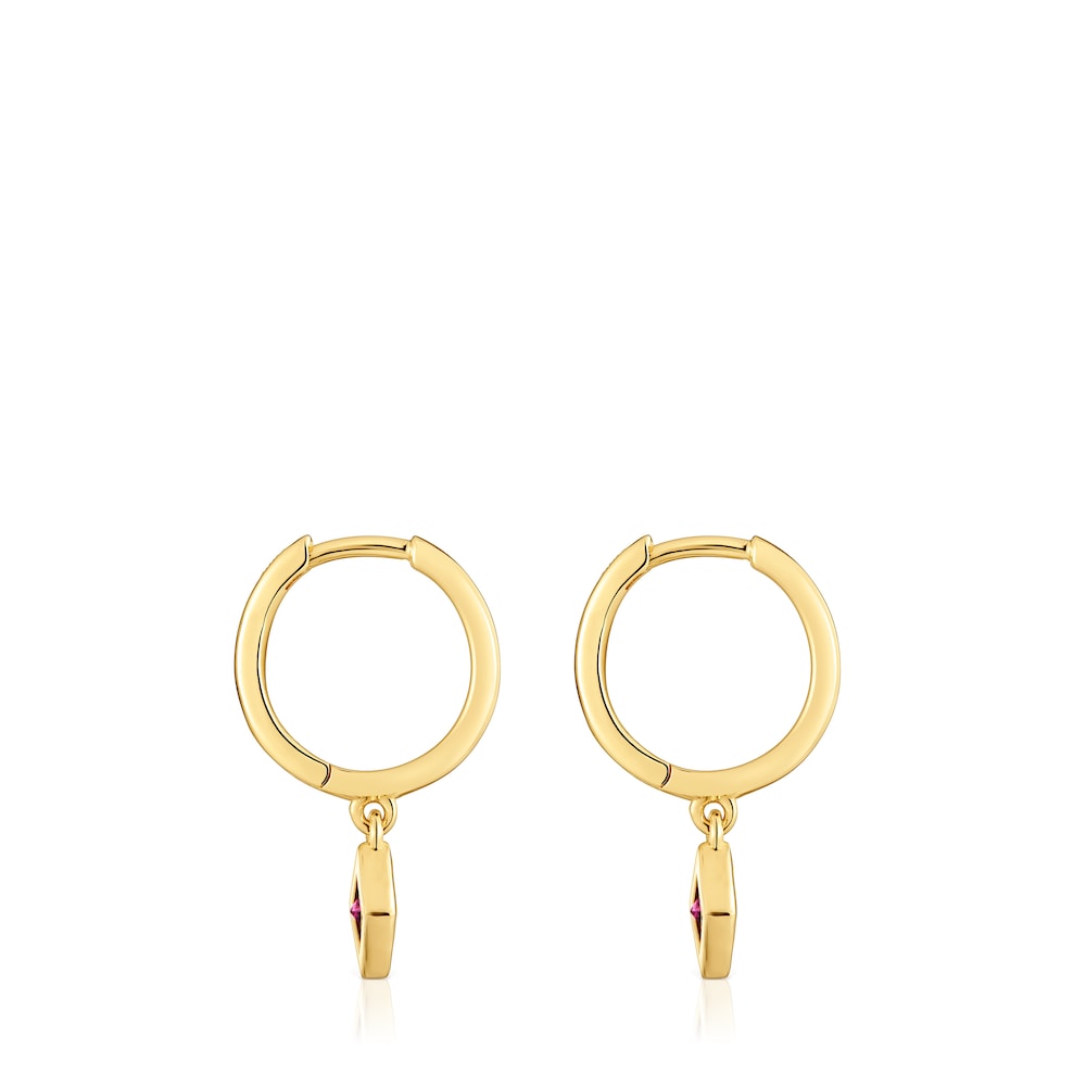 Pendientes aro cortos con baño de oro 18 kt sobre plata y detalle rodolita Basic Colors image number 1
