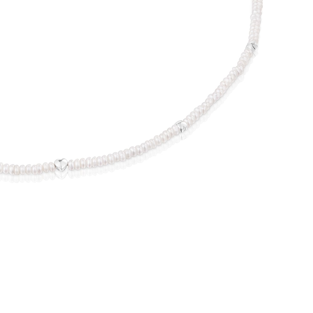 Short cultured pearl Necklace with motifs in silver Bold Motif image number 1