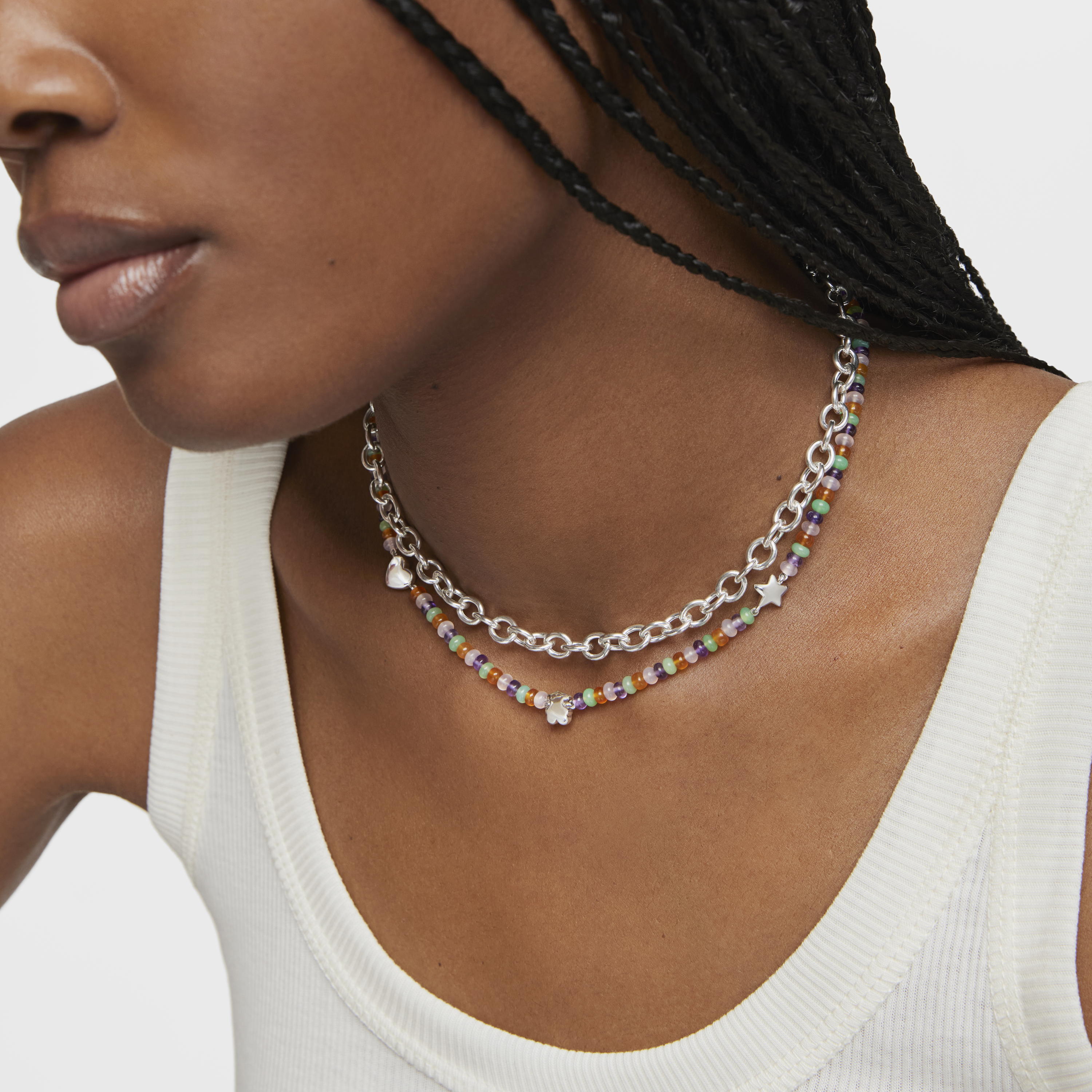 Short gemstone Necklace with silver motifs Bold Motif