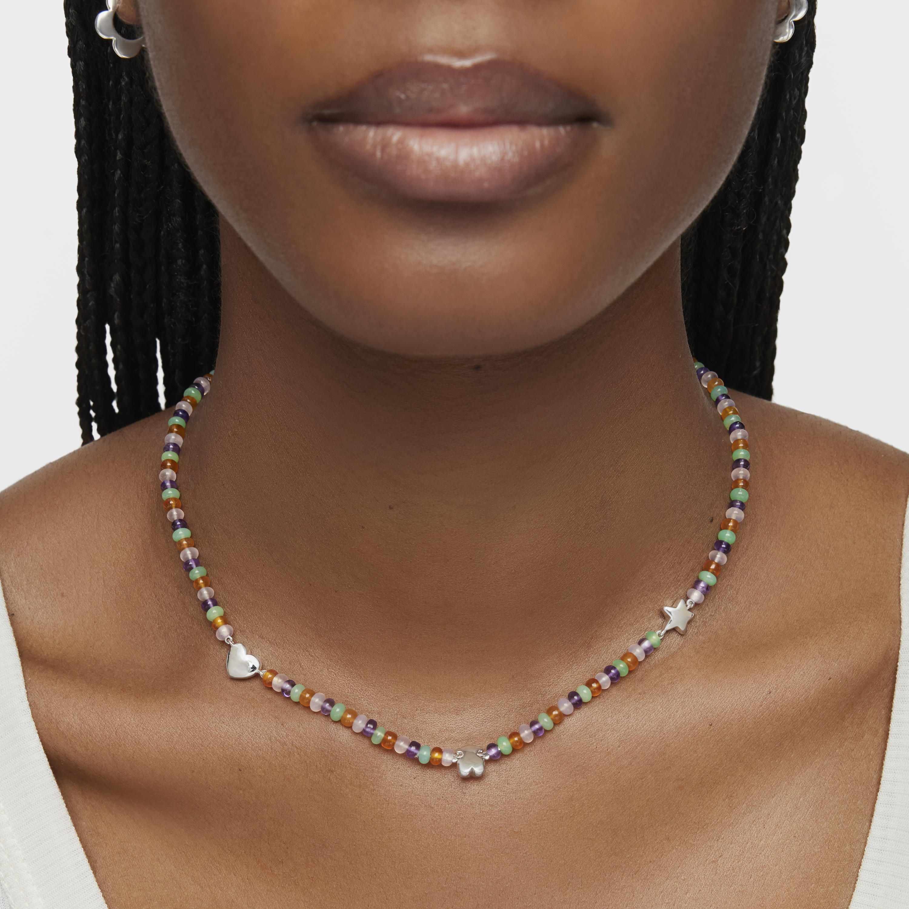 Short gemstone Necklace with silver motifs Bold Motif