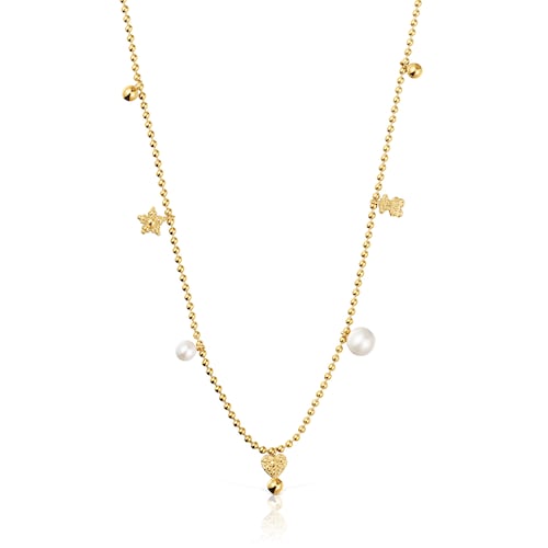 Short Necklace with 18kt gold plating over silver, cultured pearls and motifs TOUS Grain