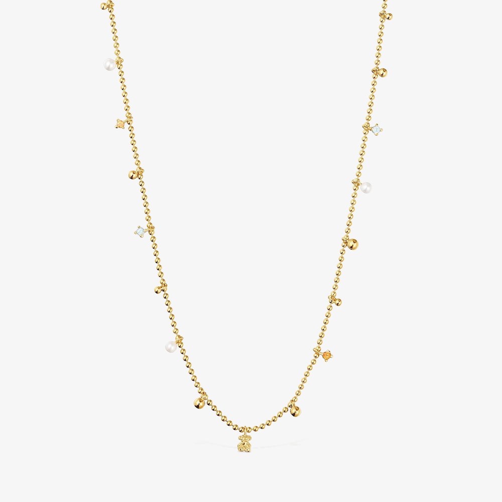 Collier en argent plaqu&eacute; or 18&nbsp;ct, perles de culture et pierres pr&eacute;cieuses court TOUS Grain