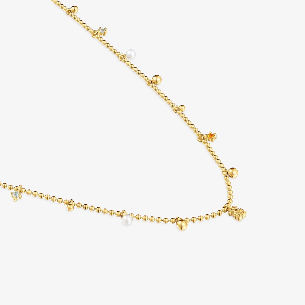 Collier en argent plaqu&eacute; or 18&nbsp;ct, perles de culture et pierres pr&eacute;cieuses court TOUS Grain