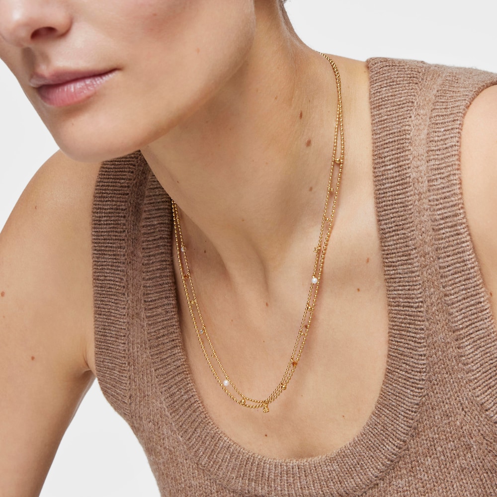 Collier en argent plaqu&eacute; or 18&nbsp;ct, perles de culture et pierres pr&eacute;cieuses court TOUS Grain