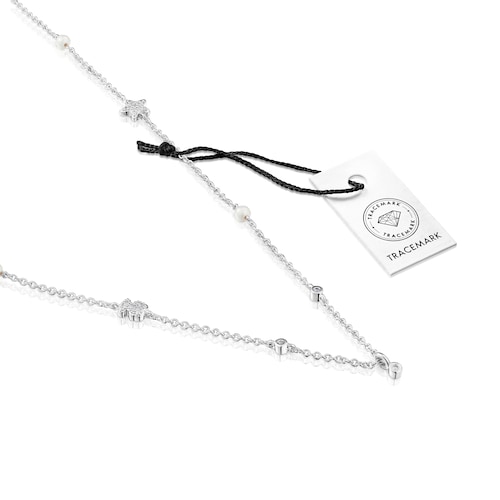 Collar corto de oro blanco con diamantes, perlas cultivadas y motivos TOUS Grain