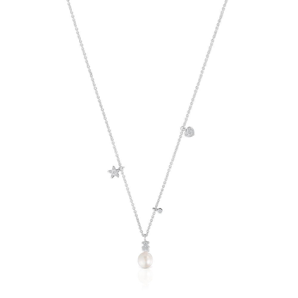Collar corto de oro blanco con diamantes, perla cultivada y motivos TOUS Grain Collar corto de oro blanco con diamantes, perla cultivada y motivos TOUS Grain