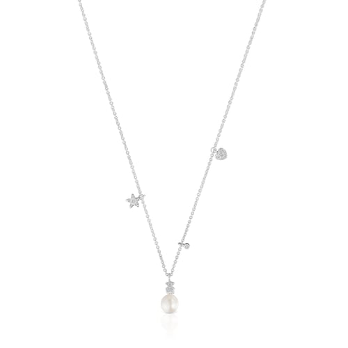 Collar corto de oro blanco con diamantes, perla cultivada y motivos TOUS Grain