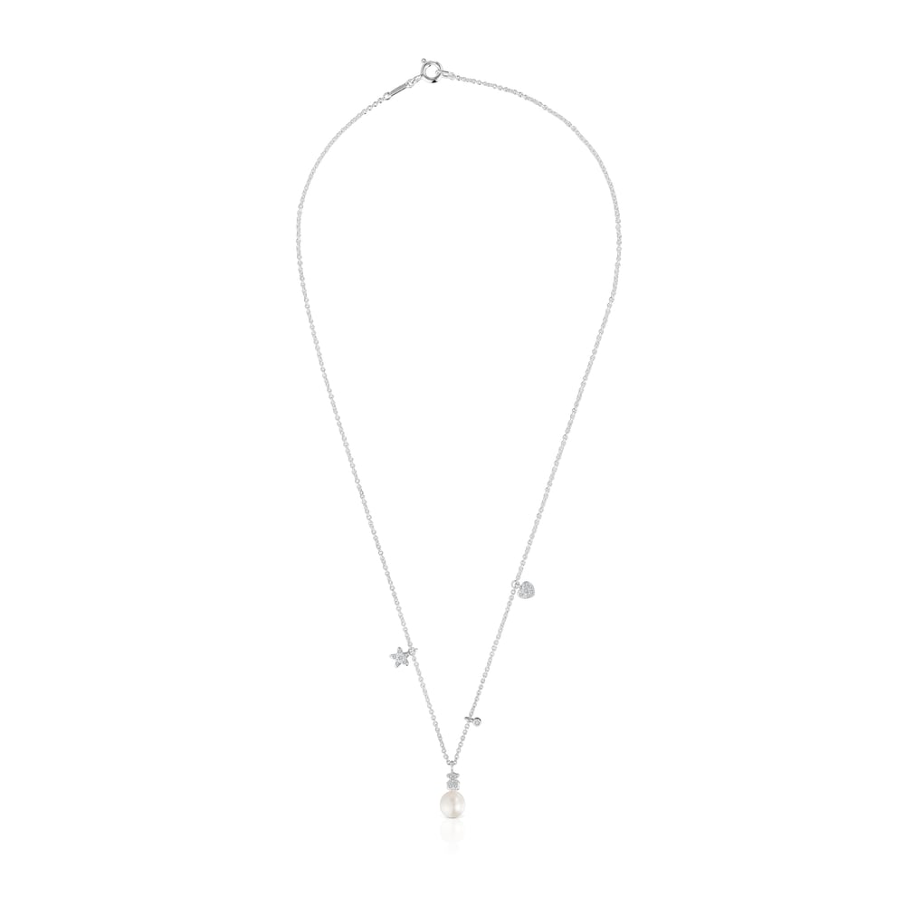 Collar corto de oro blanco con diamantes, perla cultivada y motivos TOUS Grain Collar corto de oro blanco con diamantes, perla cultivada y motivos TOUS Grain