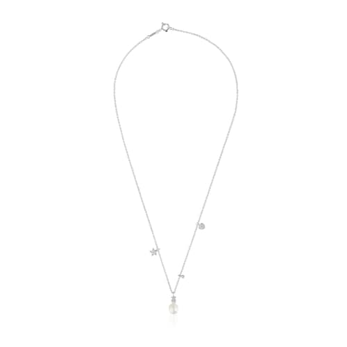 Collar corto de oro blanco con diamantes, perla cultivada y motivos TOUS Grain