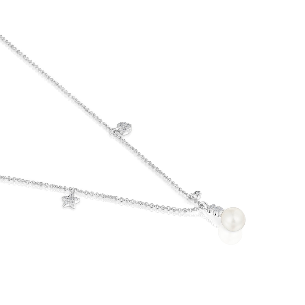 Collar corto de oro blanco con diamantes, perla cultivada y motivos TOUS Grain Collar corto de oro blanco con diamantes, perla cultivada y motivos TOUS Grain