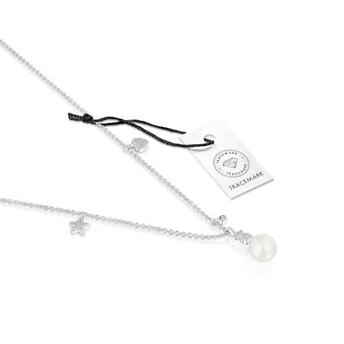 Collar corto de oro blanco con diamantes, perla cultivada y motivos TOUS Grain