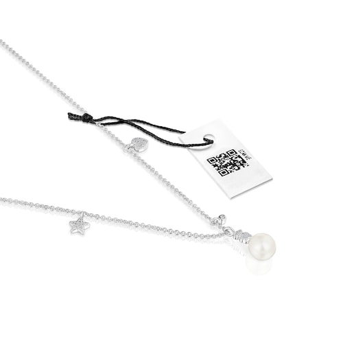 Collar corto de oro blanco con diamantes, perla cultivada y motivos TOUS Grain