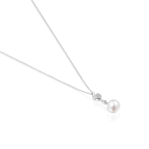 Collar corto corazón de oro blanco con diamantes y perla cultivada TOUS Grain