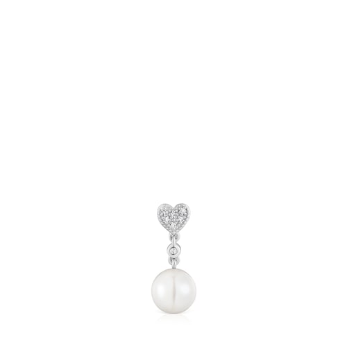 Pendiente suelto corto corazón de oro blanco con diamantes y perla cultivada TOUS Grain