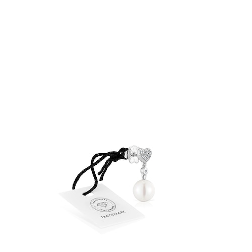 Pendiente suelto corto corazón de oro blanco con diamantes y perla cultivada TOUS Grain