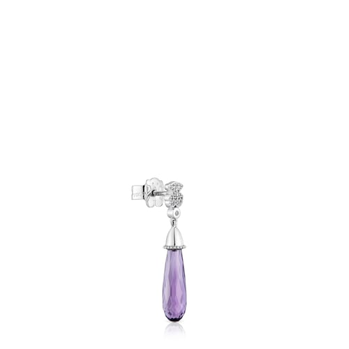 Pendiente suelto corto oso de oro blanco con diamantes y amatista TOUS Grain