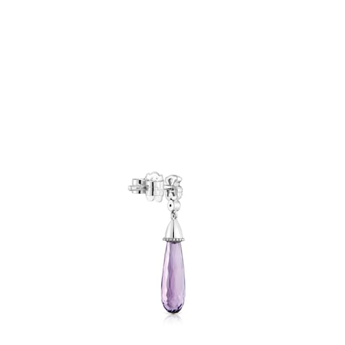 Pendiente suelto corto oso de oro blanco con diamantes y amatista TOUS Grain