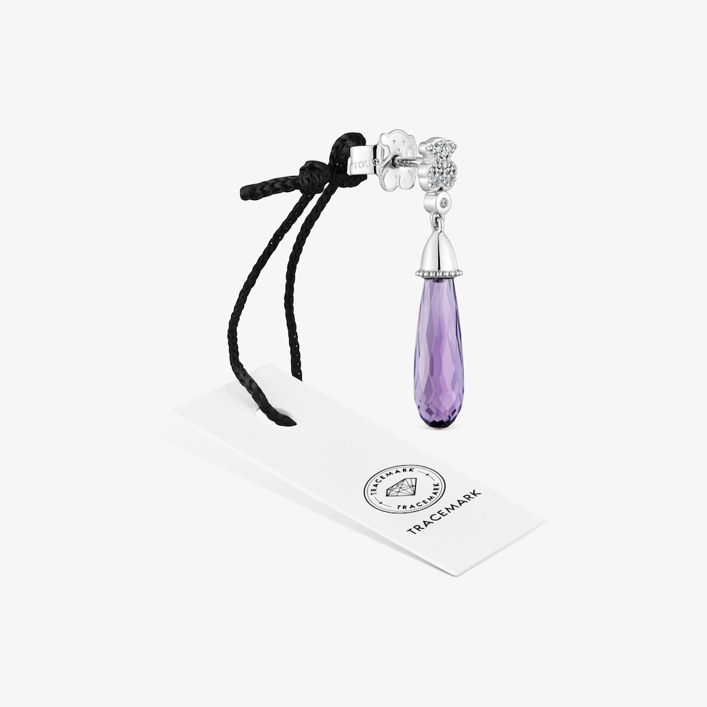 Kr&aacute;tka Samostatn&aacute; n&aacute;u&scaron;nica z&nbsp;bieleho zlata s&nbsp;medved&iacute;kom, diamantmi a&nbsp;ametystom TOUS Grain