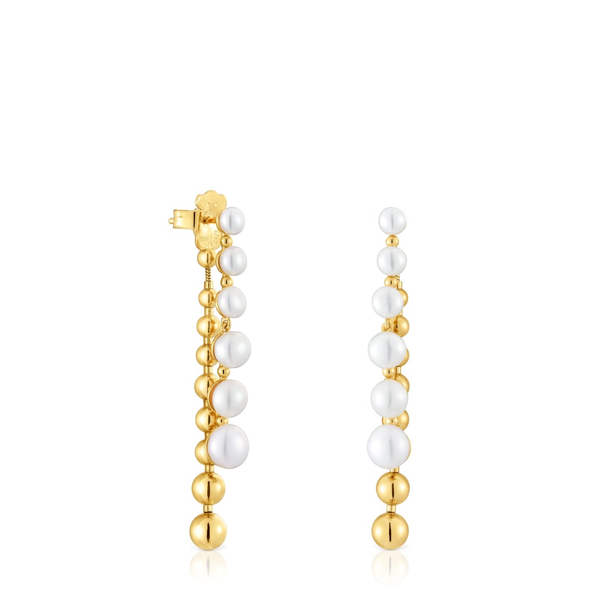 Long double Earrings with 18kt gold plating over silver and cultured pearls Gloss