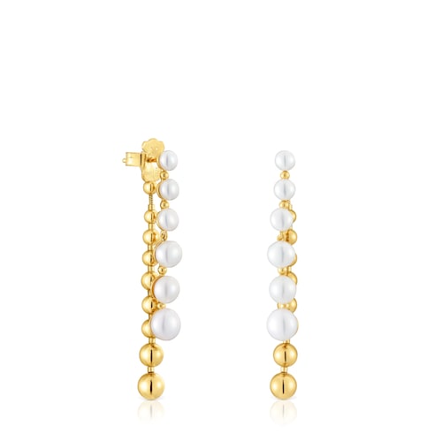 Long double Earrings with 18kt gold plating over silver and cultured pearls Gloss