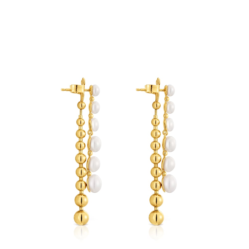Pendientes largos dobles con baño de oro de 18 kt sobre plata y perlas cultivadas Gloss Pendientes largos dobles con baño de oro de 18 kt sobre plata y perlas cultivadas Gloss