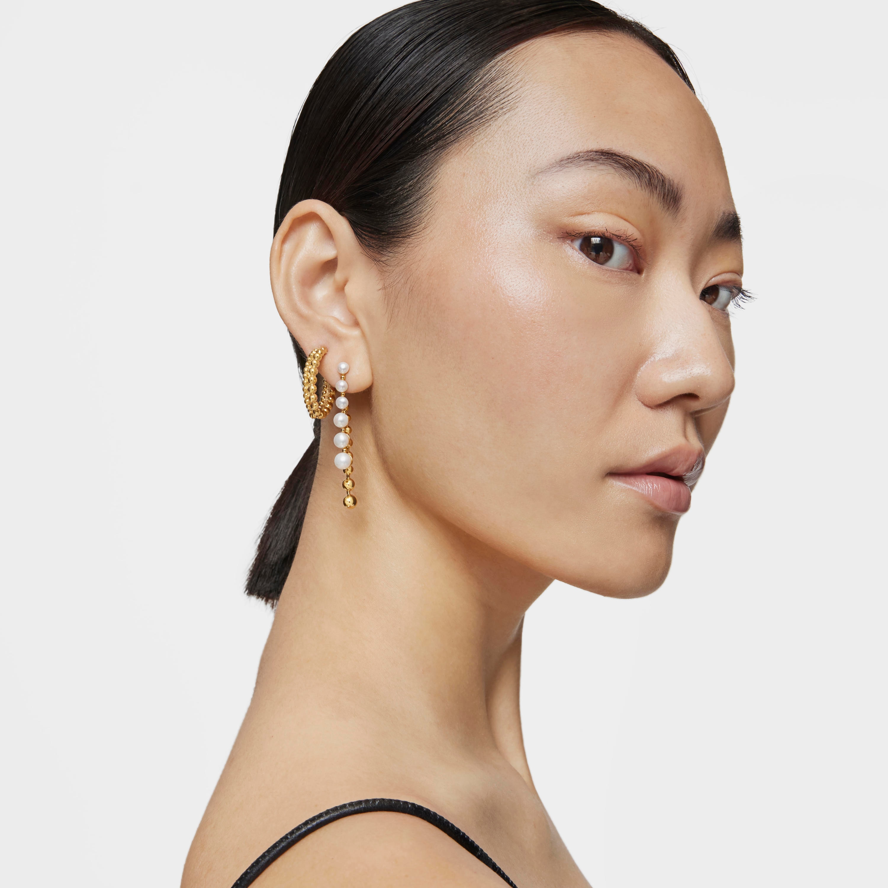 Long double Earrings with 18K gold vermeil and cultured pearls Gloss