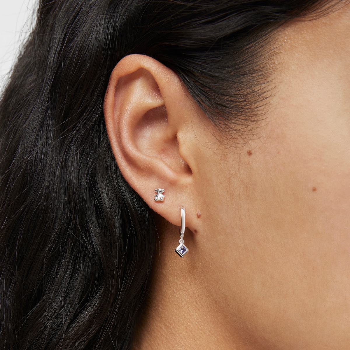Short-long silver bear Earrings with iolite charm TOUS Basic Colors