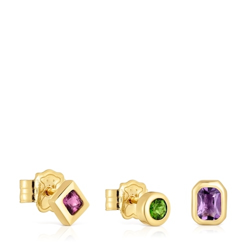 Pack de pendientes pequeños con baño de oro 18 kt sobre plata y gemas Basic Colors
