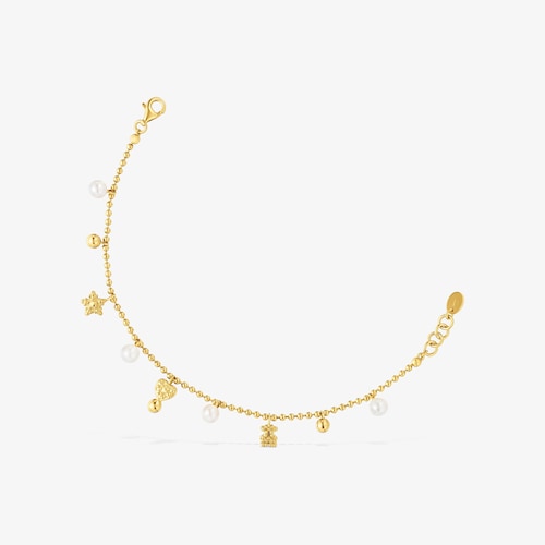 Bracelet cha&icirc;ne en argent plaqu&eacute; or 18&nbsp;ct, perles de culture et motifs TOUS Grain