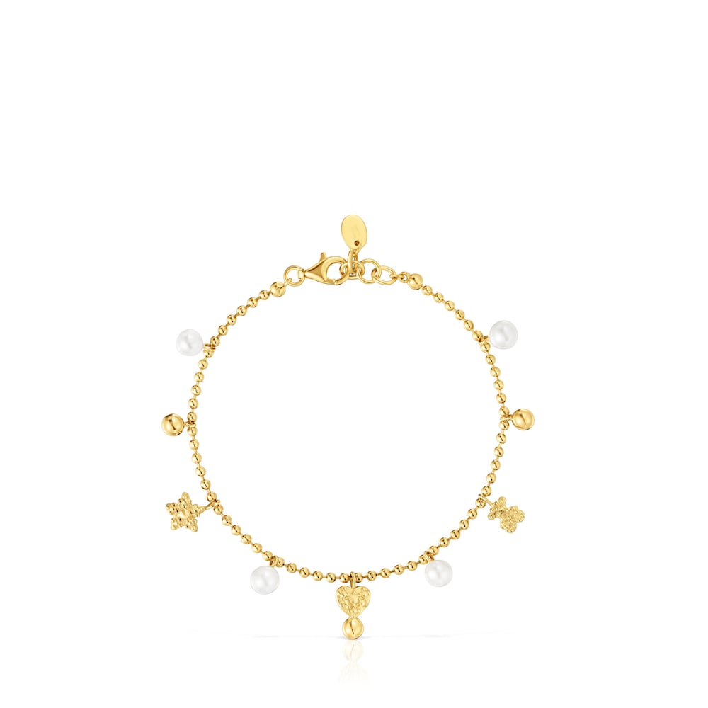 Pulsera cadena con baño de oro de 18 kt sobre plata, perlas cultivadas y motivos TOUS Grain image number 1