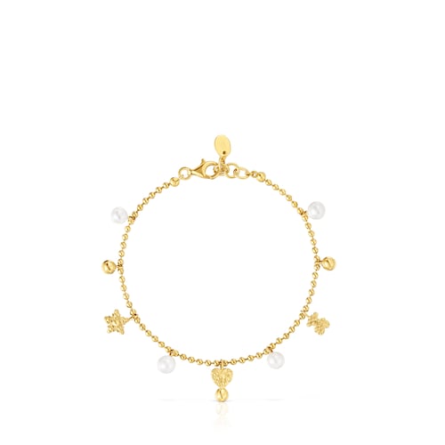 Chain Bracelet with 18kt gold plating over silver and cultured pearls and motifs TOUS Grain