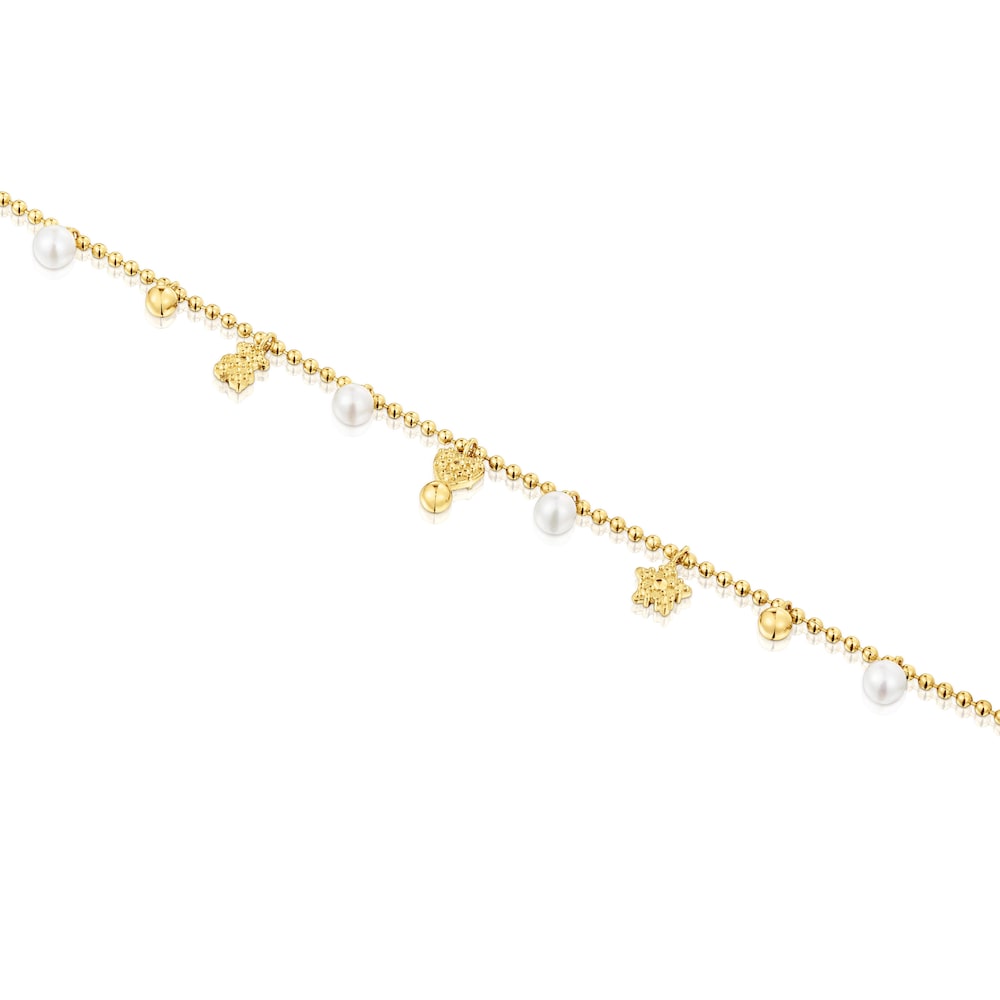 Pulsera cadena con baño de oro de 18 kt sobre plata, perlas cultivadas y motivos TOUS Grain image number 2