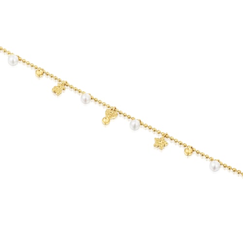 Chain Bracelet with 18kt gold plating over silver and cultured pearls and motifs TOUS Grain