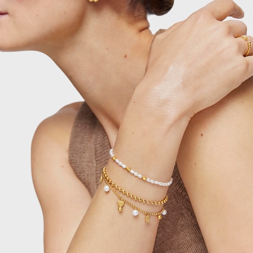 Chain Bracelet with 18kt gold plating over silver and cultured pearls and motifs TOUS Grain