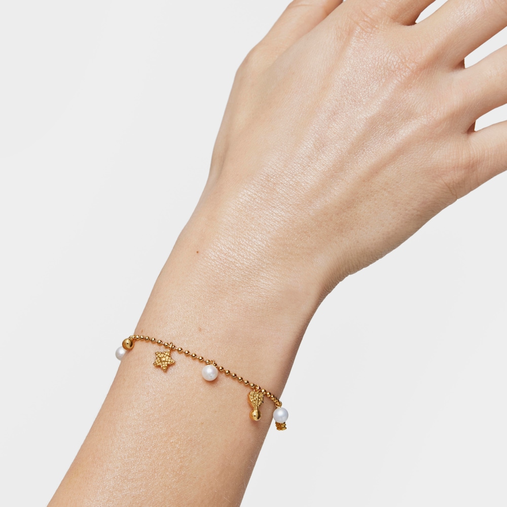 Pulsera cadena con baño de oro de 18 kt sobre plata, perlas cultivadas y motivos TOUS Grain image number 5