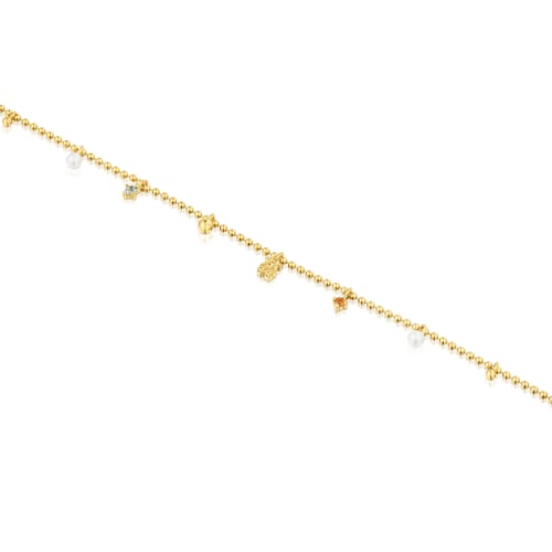 Pulsera cadena con baño de oro de 18 kt sobre plata, perlas cultivadas y gemas TOUS Grain