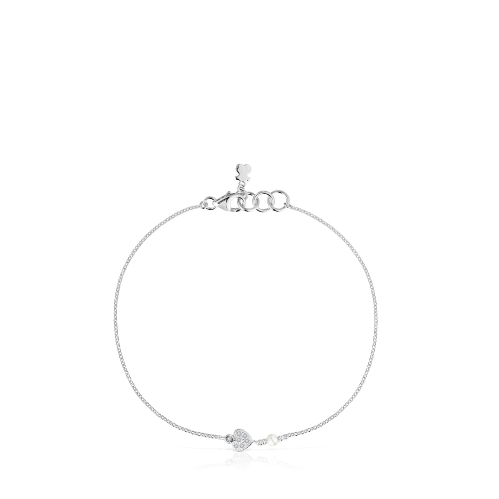 Pulsera cadena corazón de oro blanco con diamantes y perlas cultivadas TOUS Grain image number 1
