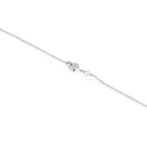 Pulsera cadena corazón de oro blanco con diamantes y perlas cultivadas TOUS Grain