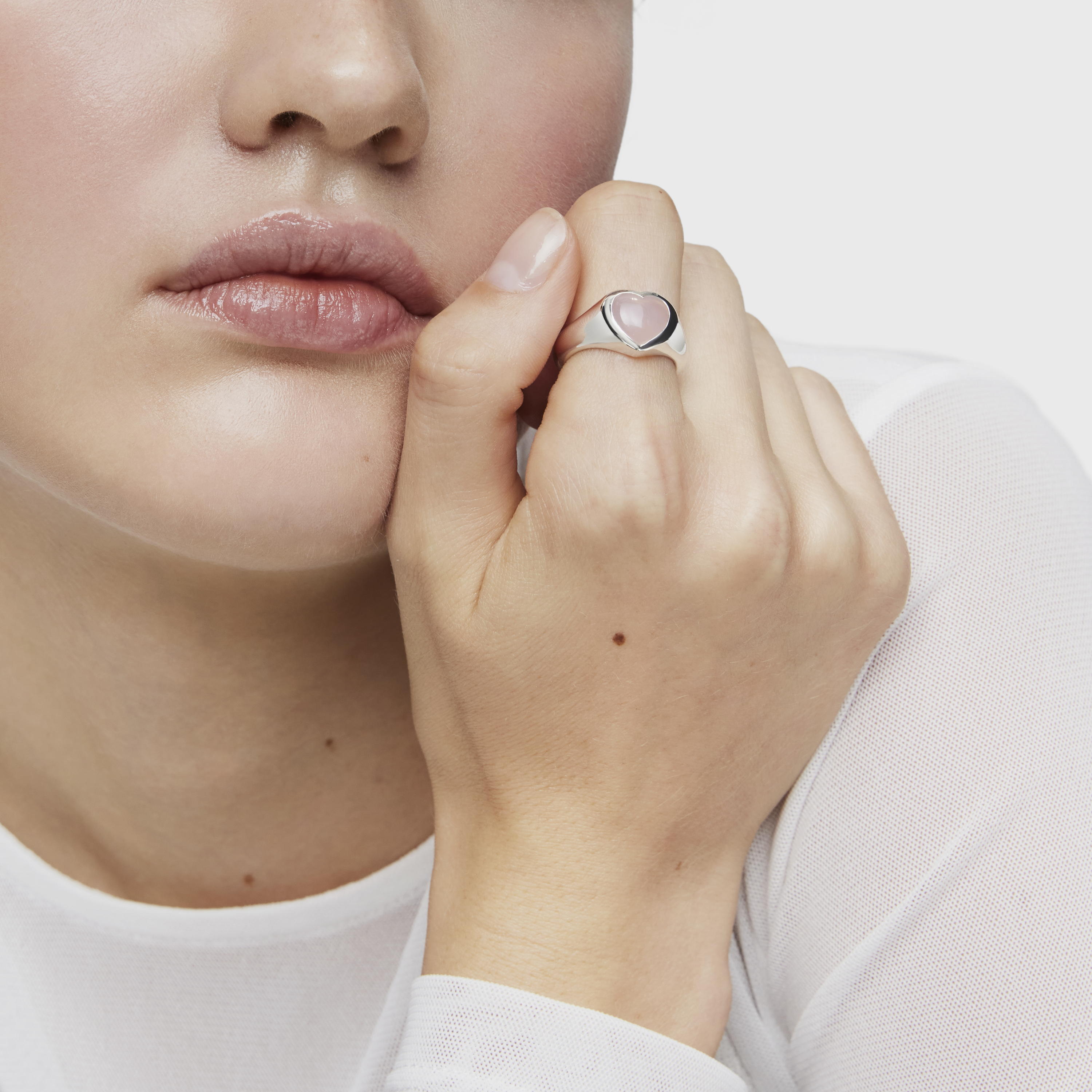 Silver and pink chalcedony heart Signet ring Bold Motif