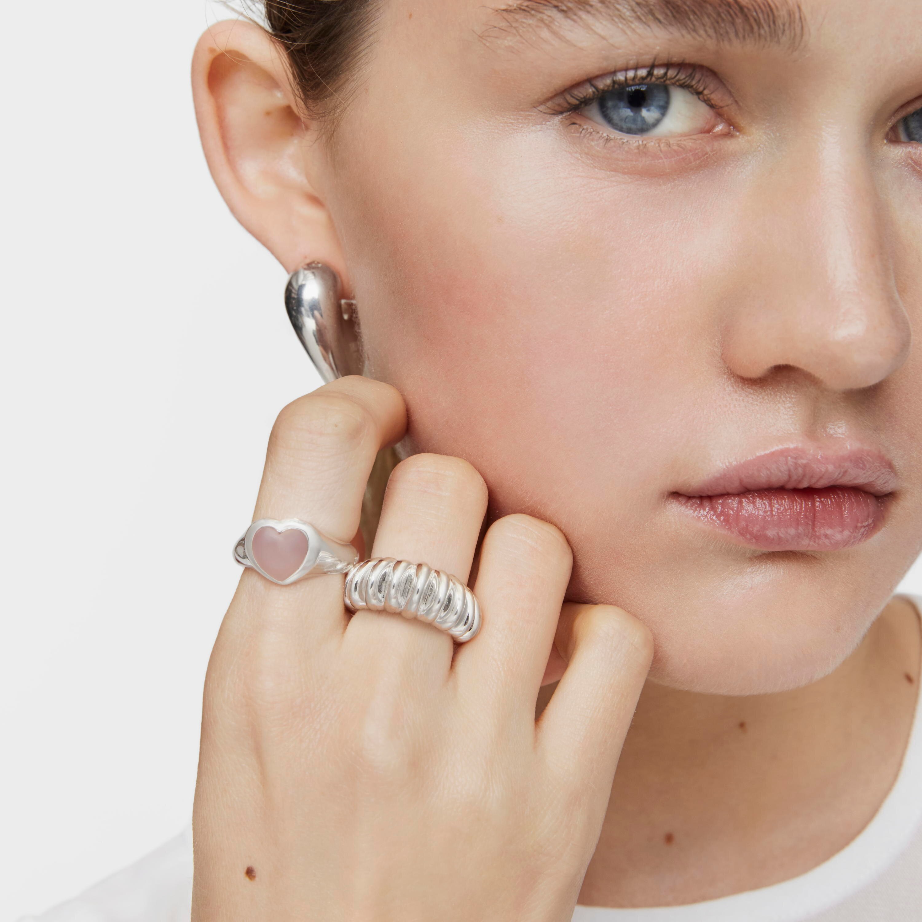 Silver and pink chalcedony heart Signet ring Bold Motif