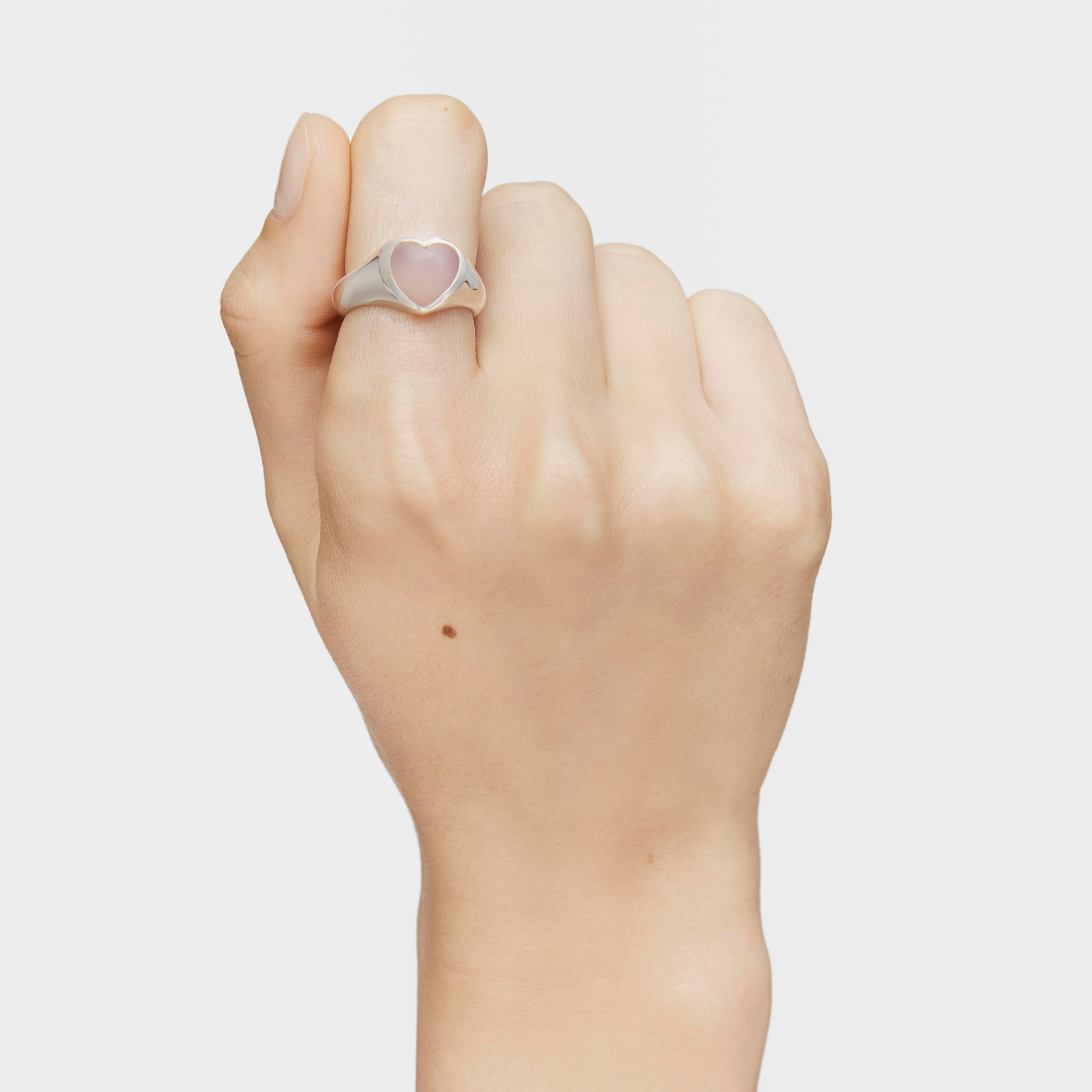 Silver and pink chalcedony heart Signet ring Bold Motif