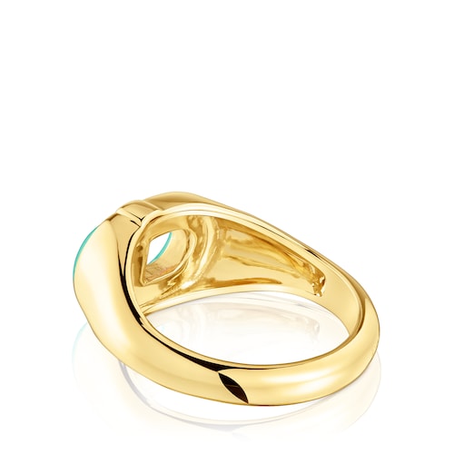 Signet ring with 18kt gold plating over silver and green enamel TOUS MANIFESTO