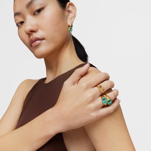 Signet ring with 18kt gold plating over silver and green enamel TOUS MANIFESTO