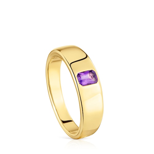 Anillo sello con baño de oro 18 kt sobre plata y amatista Basic Colors