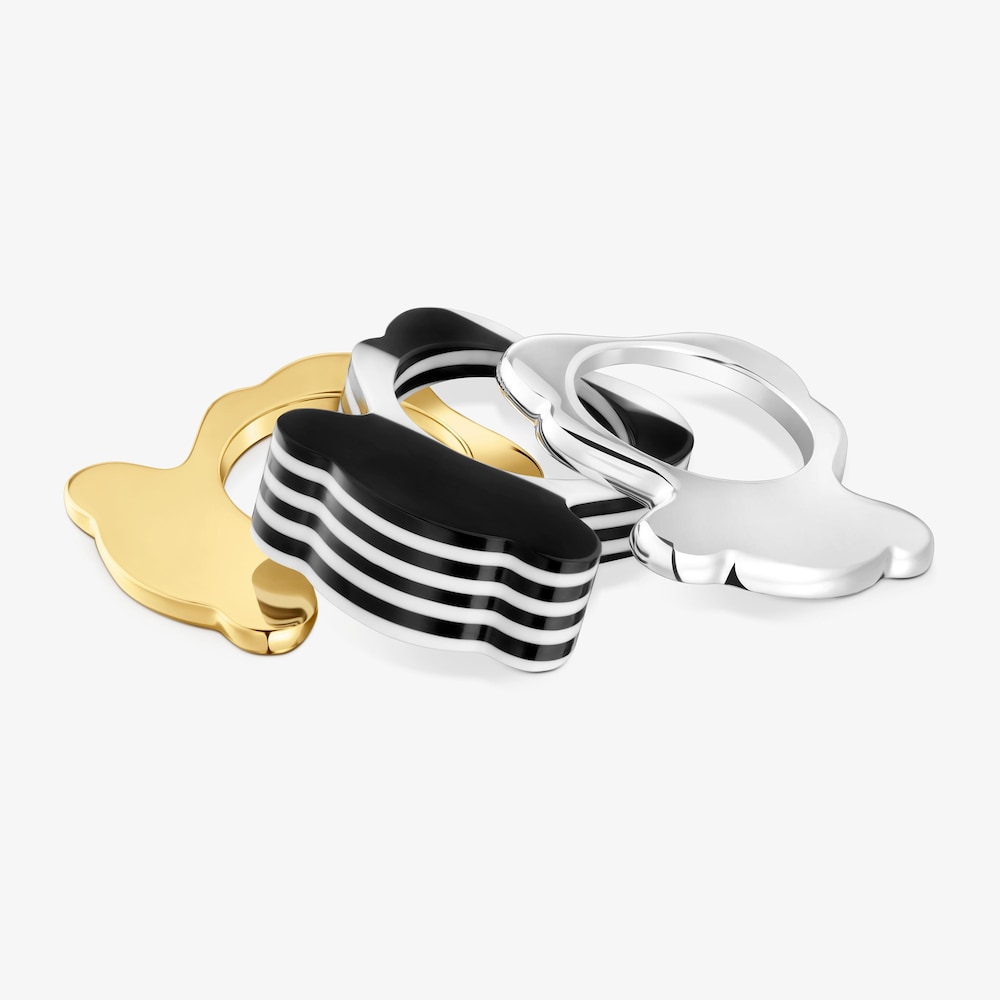 Zestaw dużych dwukolorowych pierścionk&oacute;w z motywem misia i czarnym acetatem My Other Half