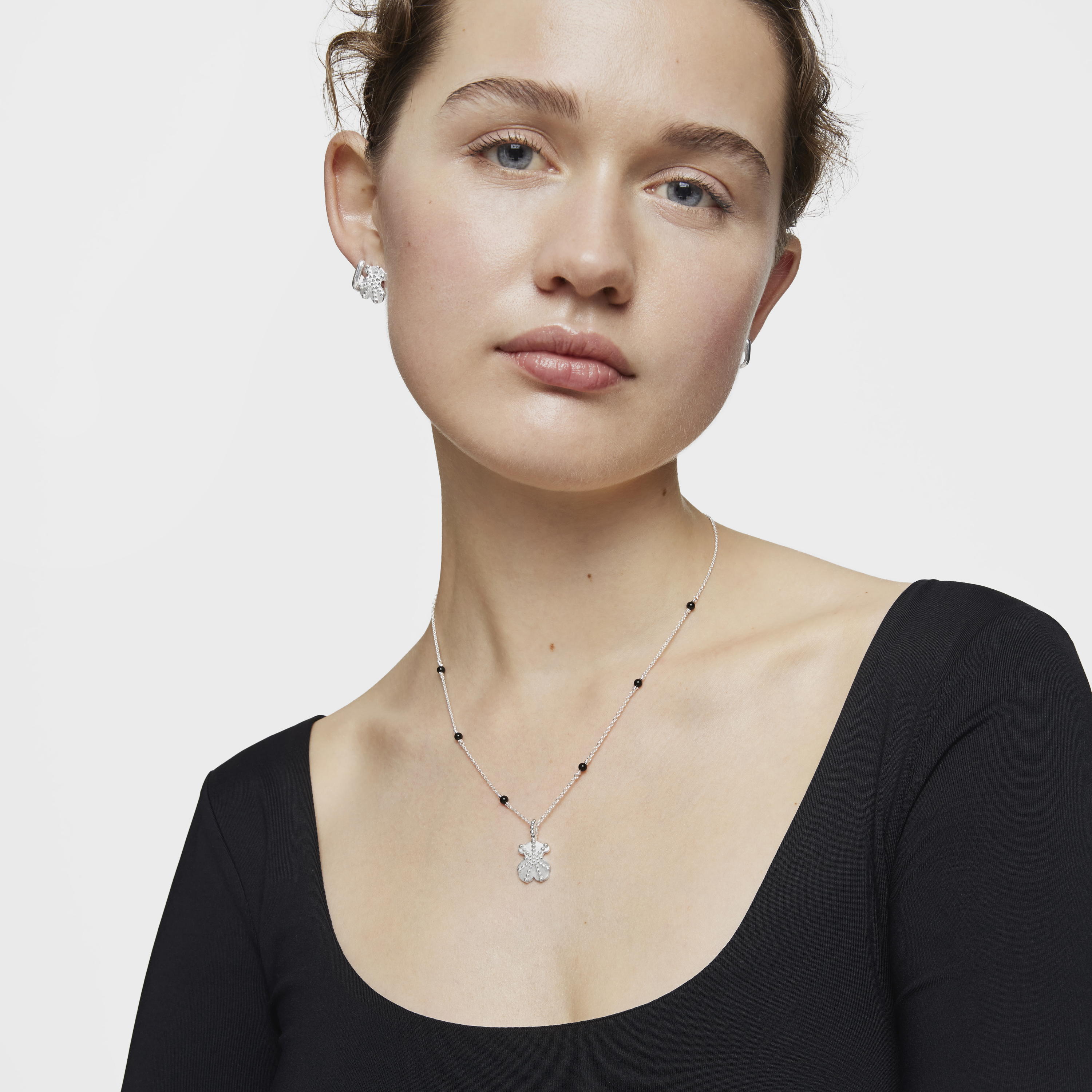 Short silver and onyx Necklace with bear charm TOUS Grain