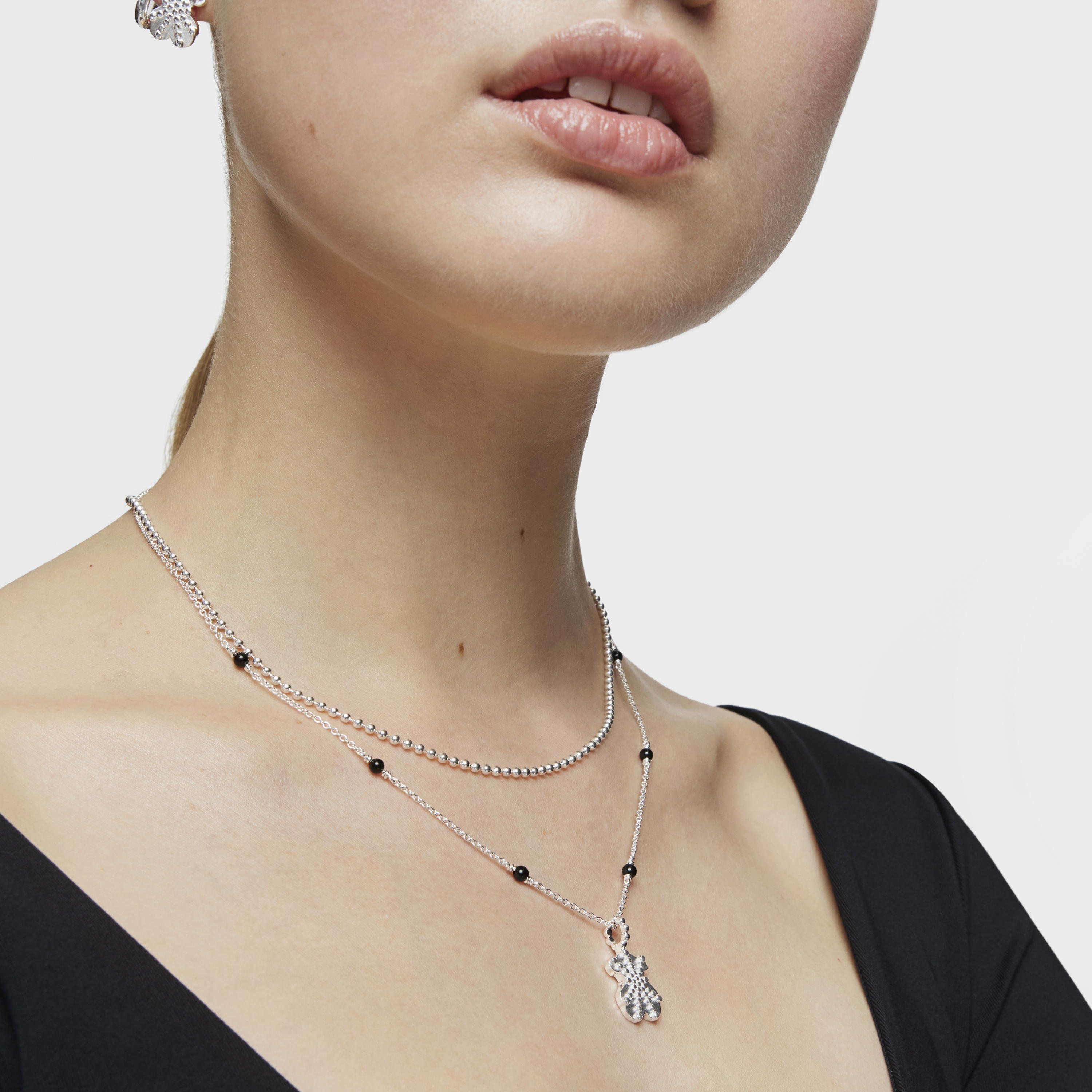 Short silver and onyx Necklace with bear charm TOUS Grain