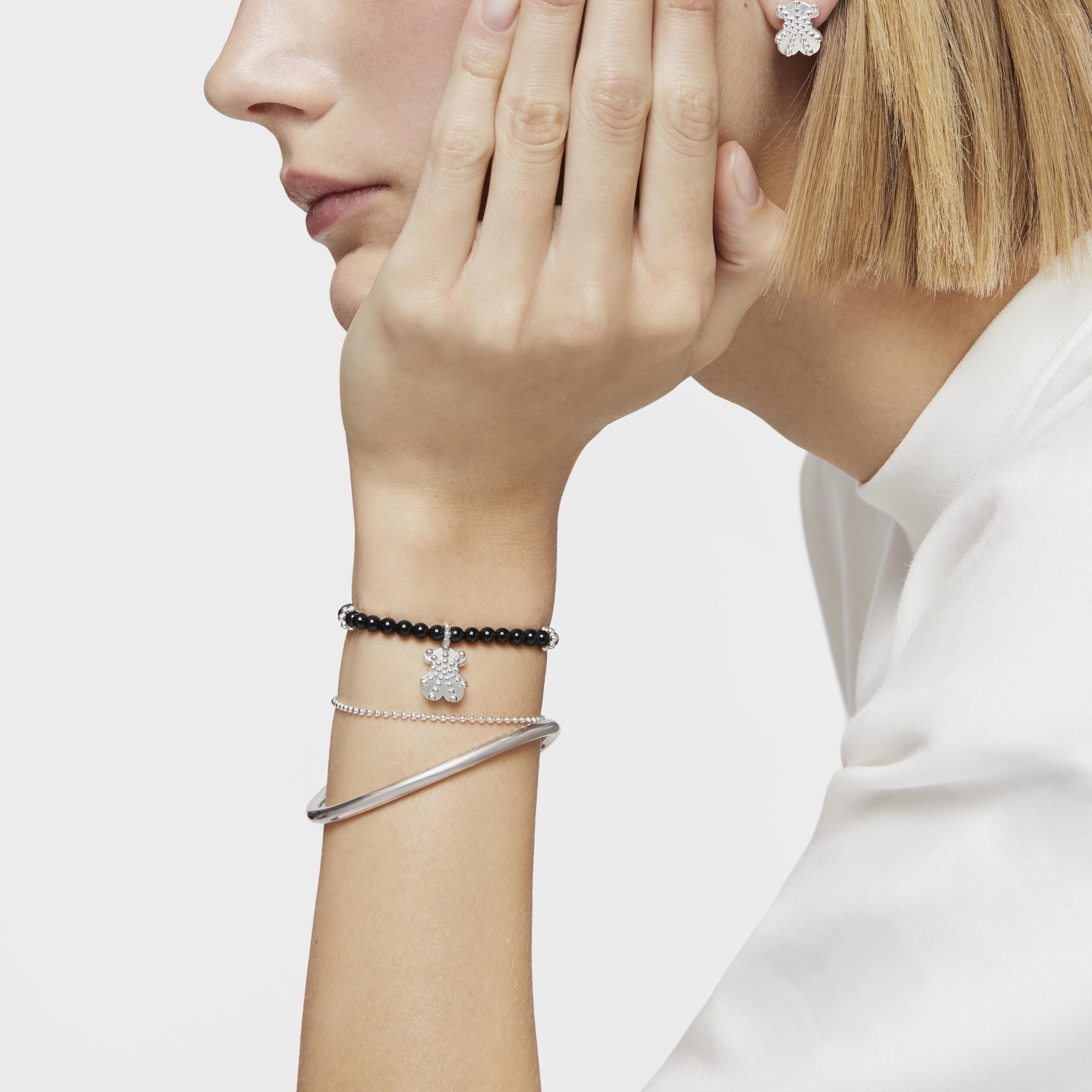 Silver elastic Bracelet with onyx and bear charm TOUS Grain