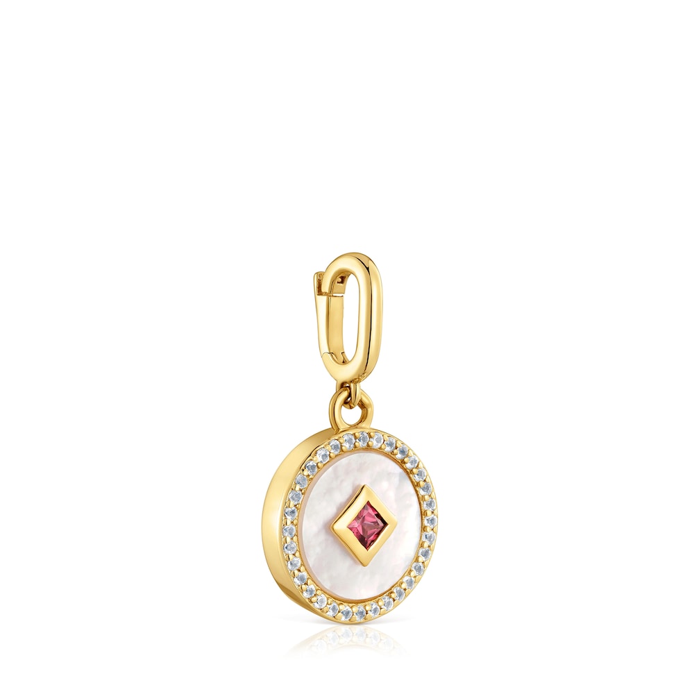 Medallion Pendant with 18kt gold plating over silver, nacre and gemstones Medallions